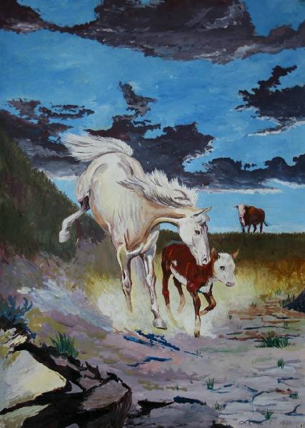 Hesten og kalven B,H: 29x42. Sold